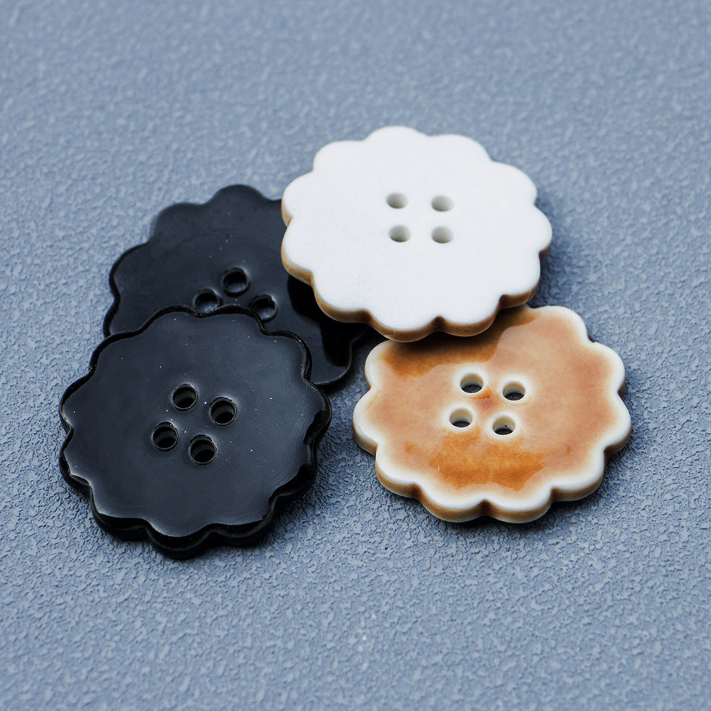 30mm round ceramic buttons, four-hole, black and khaki tones, 6-pack
