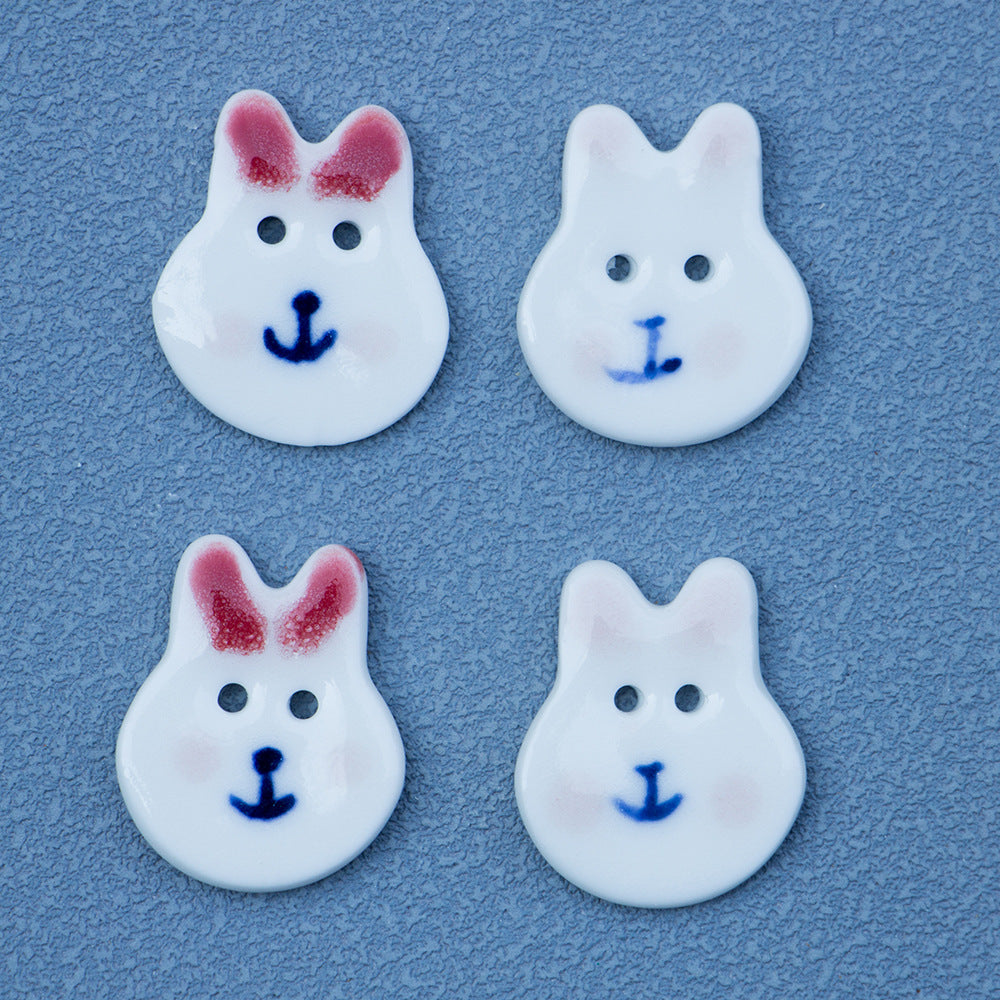 Rabbit ceramic buttons, 2-hole, hand-painted red/pink ears, 19mm, four pieces