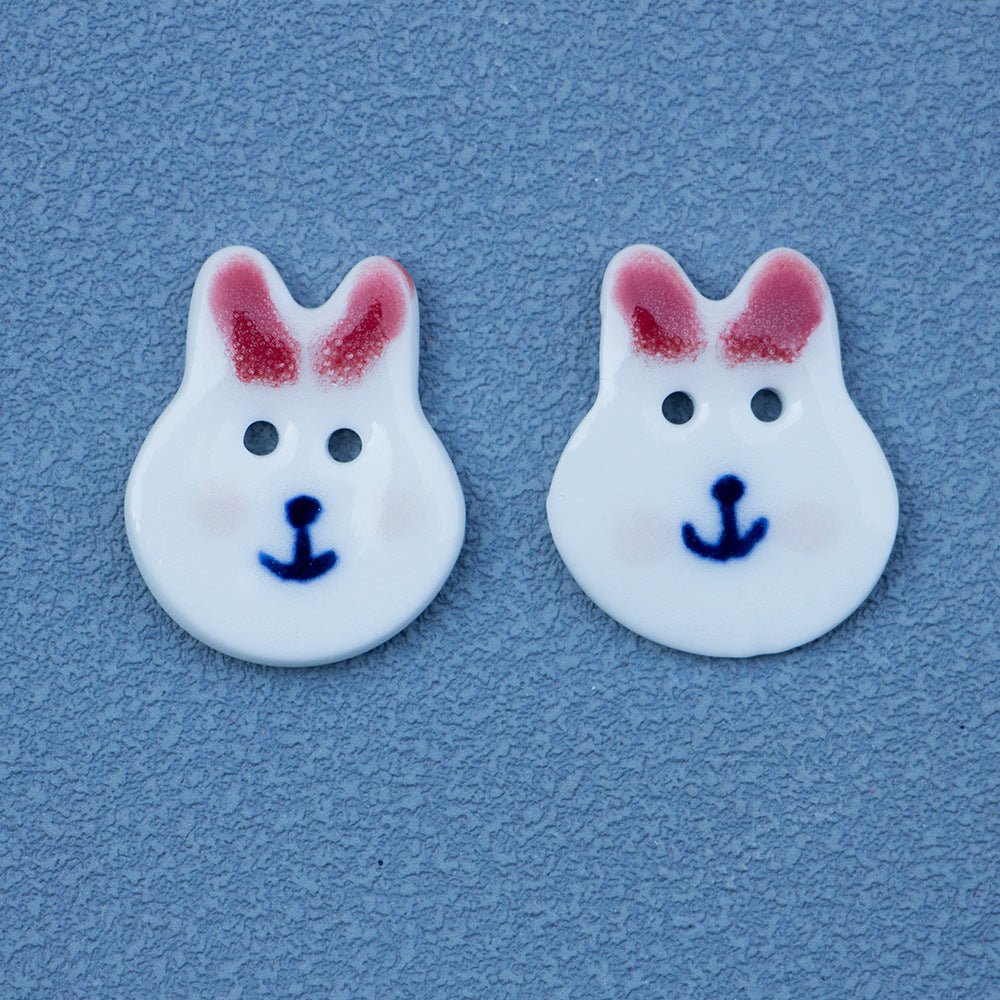 Rabbit ceramic buttons, 2-hole, red/pink ears, anchor face, two pieces