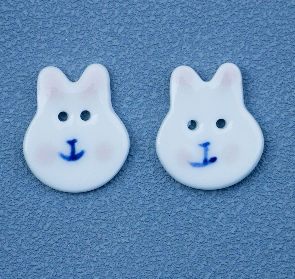 Rabbit ceramic buttons, 2-hole, red/pink ears, anchor face, two pieces