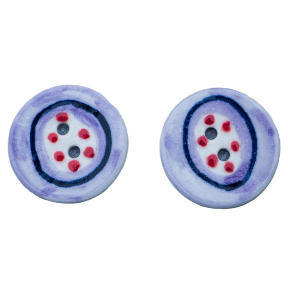 24mm two-hole porcelain button, light purple with blue ring, red dots, blue/white design