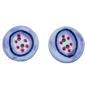 24mm two-hole porcelain button, light purple with blue ring, red dots, blue/white design