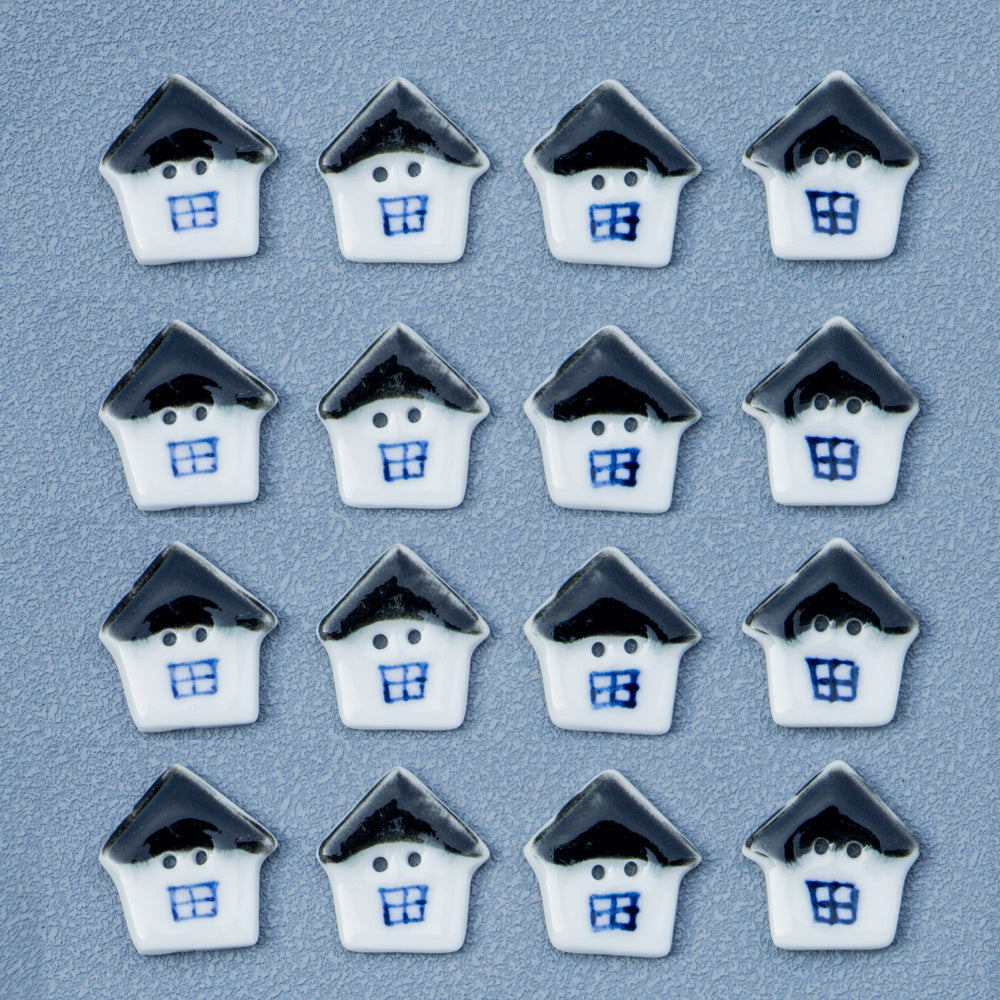 Ceramic house buttons, black-and-white two-hole painted design, 10 pcs