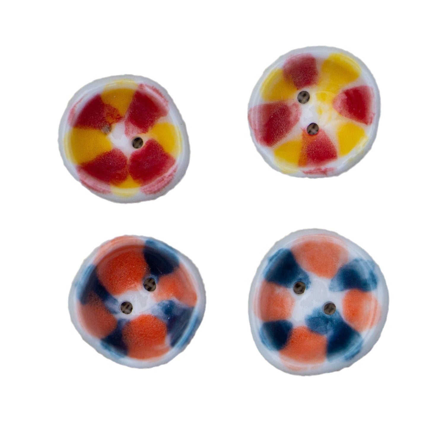 Handmade ceramic bowl-shaped 2-hole buttons, red and yellow floral pattern