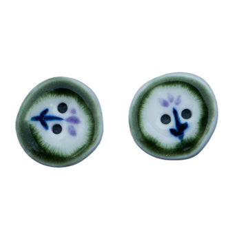 20mm green ceramic button, irregular round, hand-painted blue/purple motif with 2 holes