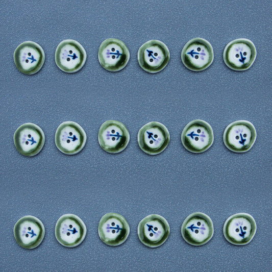 20mm Irregular Round Green Flower Hand-Painted Ceramic Buttons 4pcs