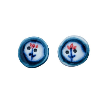 Dark blue ceramic buttons with hand-painted red flower motif, round 2-hole (pair)