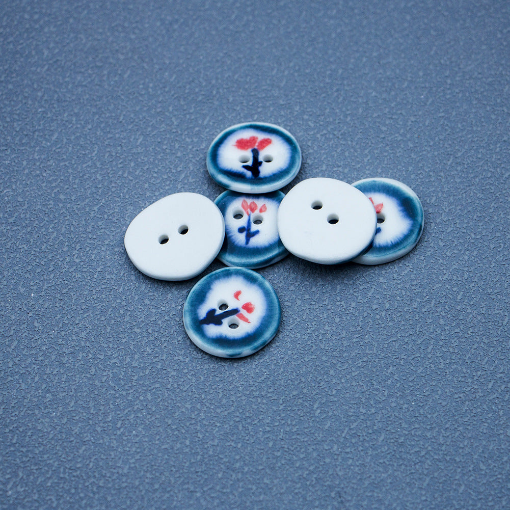 Set of dark blue ceramic buttons with hand-painted red flower, round 2-hole (6pcs)