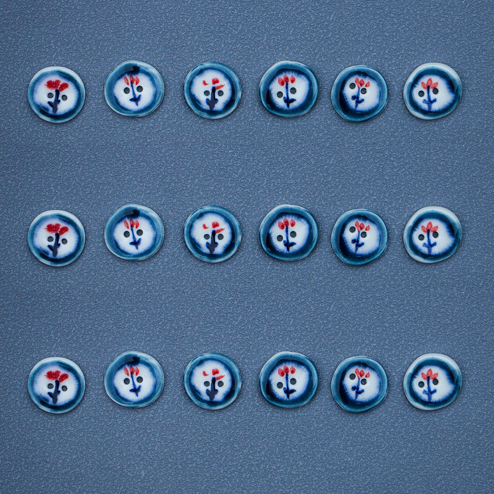 Dark blue round ceramic buttons with red flower, 2-hole, multiple pieces (6pcs set)