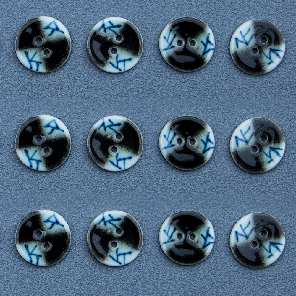 Multiple blue-and-white lattice ceramic buttons, black and light faces, two-hole openings