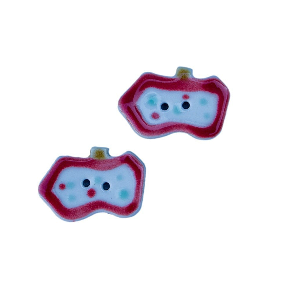 Handmade ceramic apple button, red rim, blue-white face with holes (Style A)