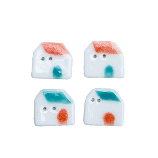 Handmade ceramic house buttons set, white with blue and orange details, 2-hole backs