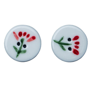 20mm white ceramic button, 2 holes, small red flower with green stem