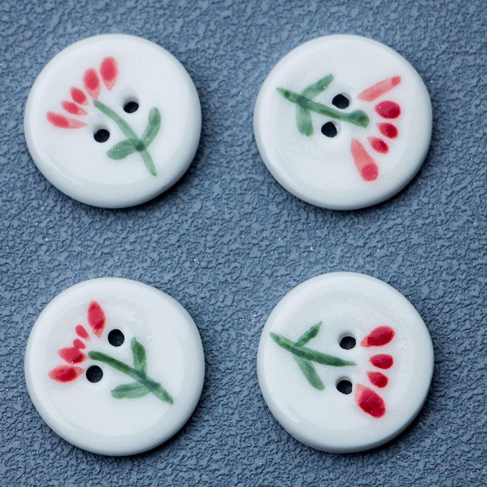 White round ceramic buttons, 2-hole design, red flower pattern with green leaves