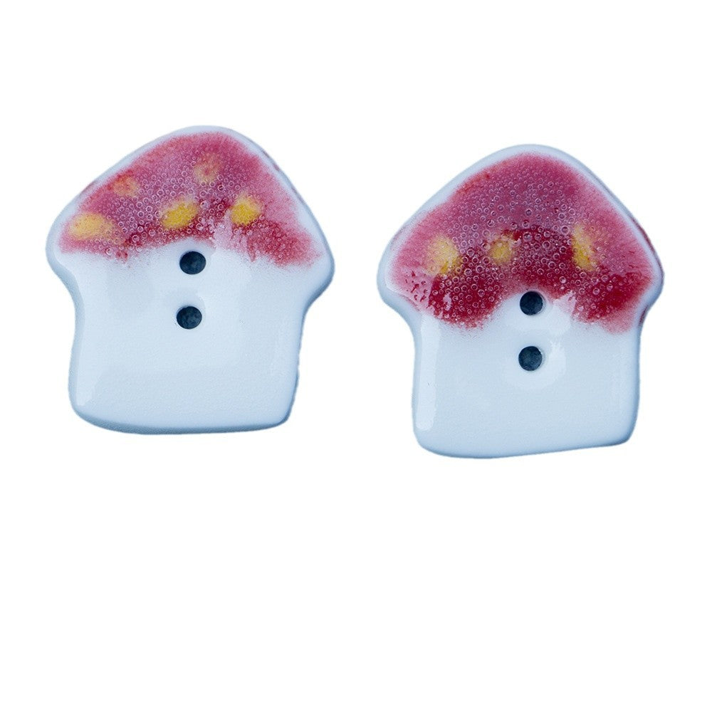20mm mushroom ceramic buttons, red-purple caps with yellow dots, two holes (2 pcs)