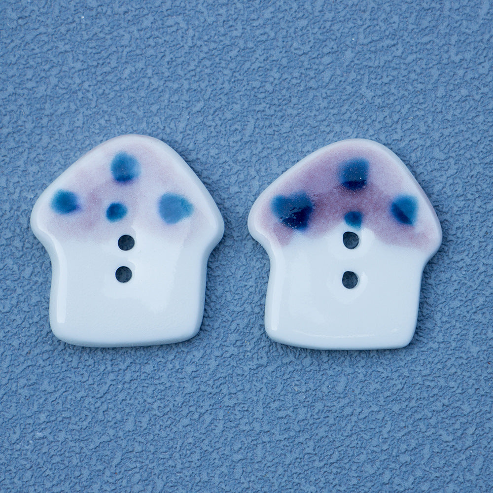 20mm mushroom ceramic buttons, white base with blue dot speckles, two holes (2 pcs)