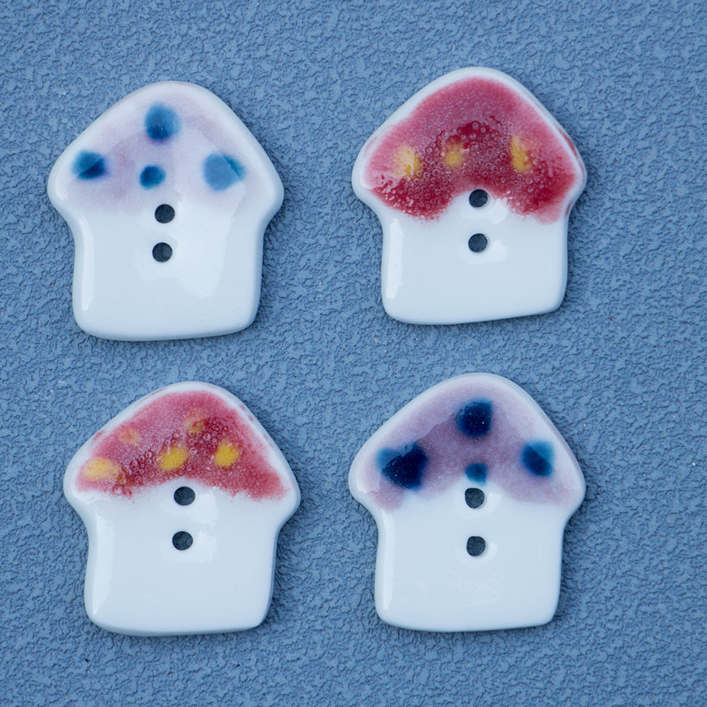 20mm mushroom ceramic buttons, red-purple and blue speckled caps, each with two holes (4 pcs)