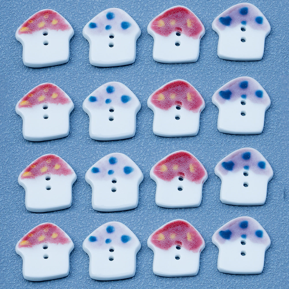 Mushroom ceramic buttons set, red-purple and blue dot caps with two holes each