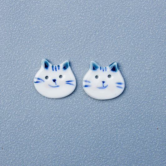 22mm Red/Blue Eared Hand-painted Blue and White Chubby-Faced Cat Ceramic Buttons 10pcs Blue Ear