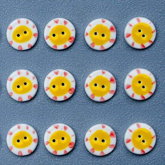 20mm Round 2-Hole Ceramic Buttons with Yellow Sun Pattern 6pcs