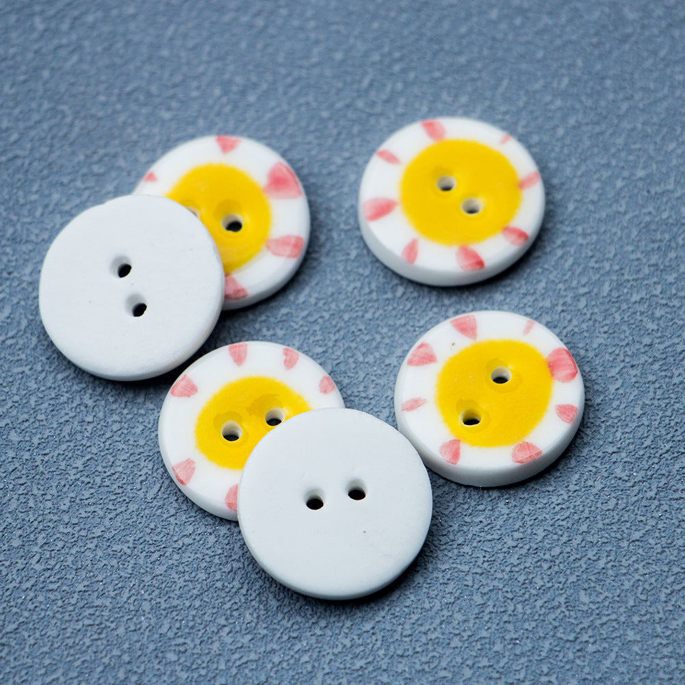 Two-hole ceramic buttons: white backs plus yellow sun patterned fronts (6 pcs)