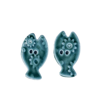 Fish-shaped ceramic DIY buttons, 2-hole, green moss with embossed floral details (2 pcs).