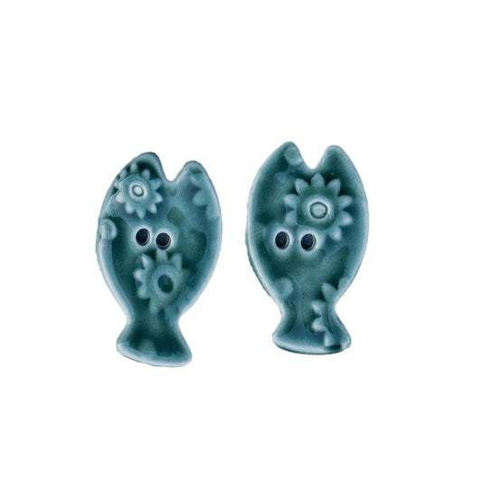 33mm Green Moss Colored Fish Shaped 2 Hole Ceramic DIY Buttons 6pcs