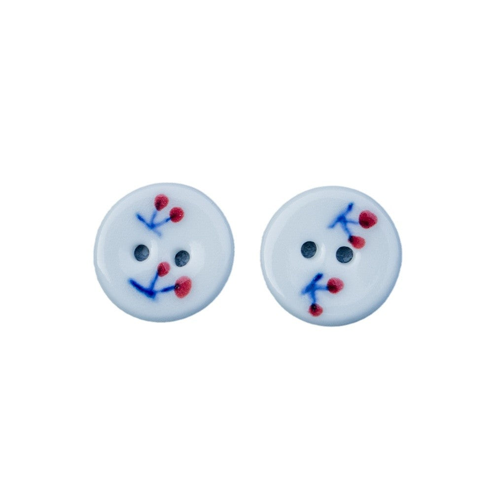 18mm handmade ceramic buttons, round, 2-hole, white with red cherry and blue sprigs