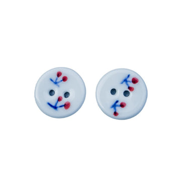 18mm handmade ceramic buttons, round, 2-hole, white with red cherry and blue sprigs