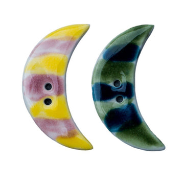 Crescent ceramic buttons (34mm), 2-hole, green-blue and yellow-pink striped pair