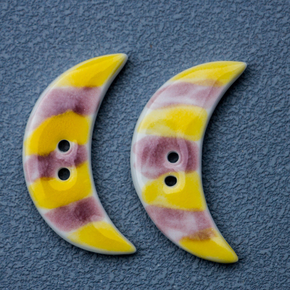 Yellow-pink crescent ceramic buttons, 2-hole, set of 2