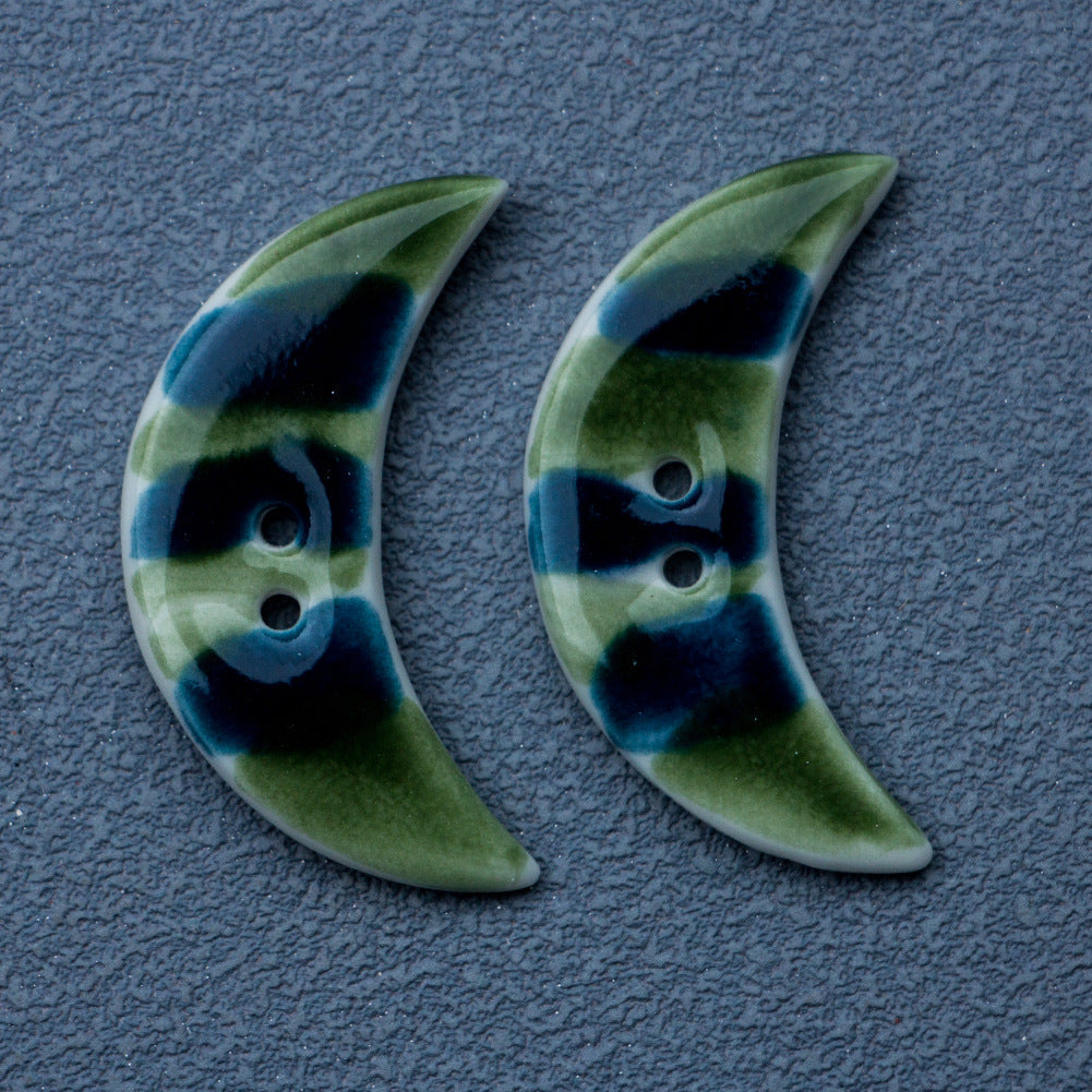 Green-blue crescent ceramic buttons, 2-hole, set of 2
