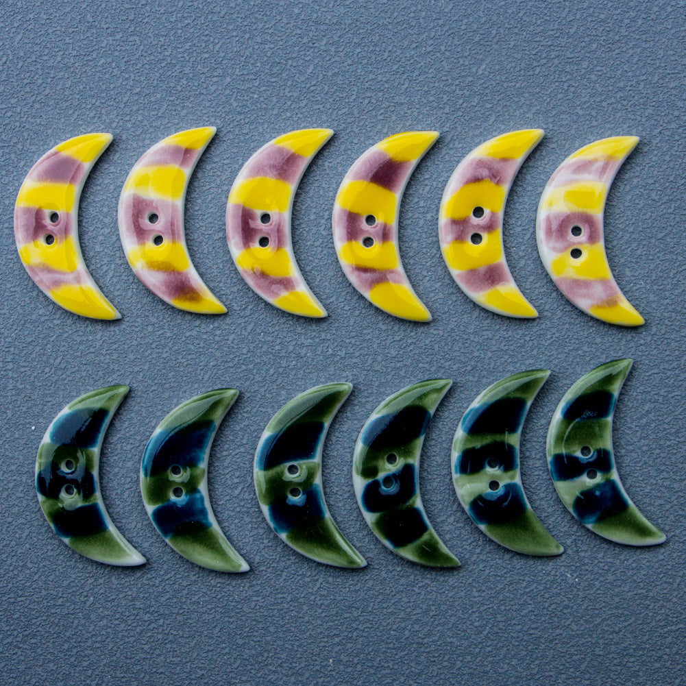Crescent ceramic 2-hole buttons, assorted yellow-pink and green-blue designs, multiple pcs