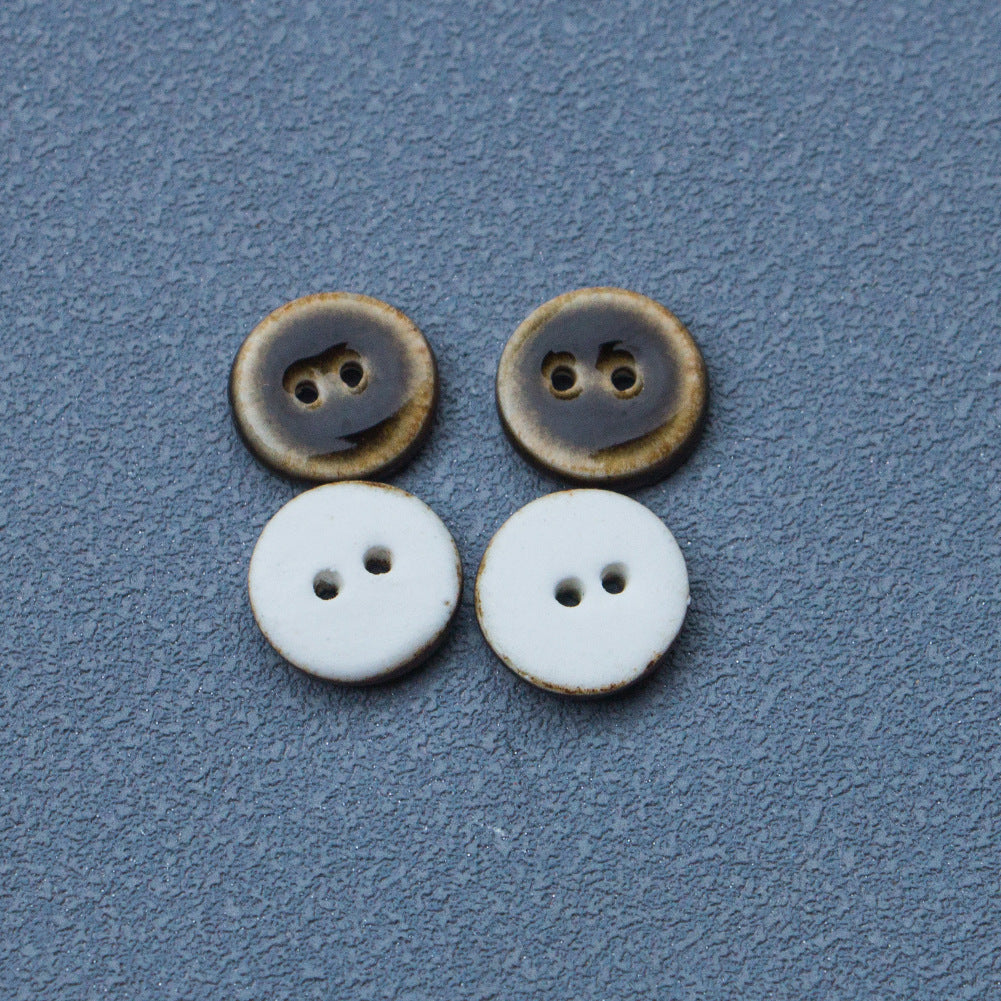 14mm round 2-hole glazed ceramic buttons, dark bronze/brown plus two white buttons