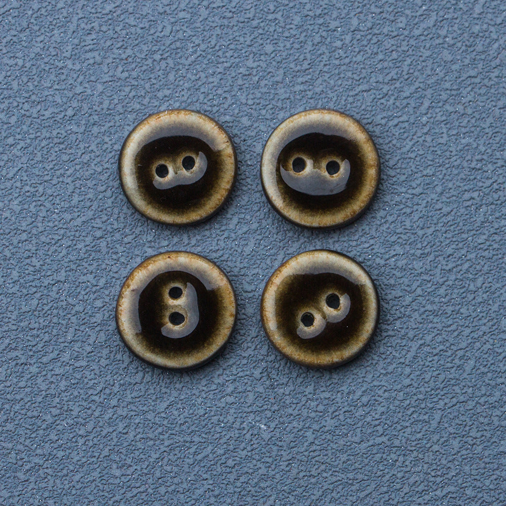 14mm round 2-hole glazed ceramic buttons in dark bronze/brown with light shank details