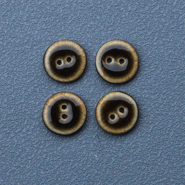 14mm round 2-hole glazed ceramic buttons in dark bronze/brown with light shank details