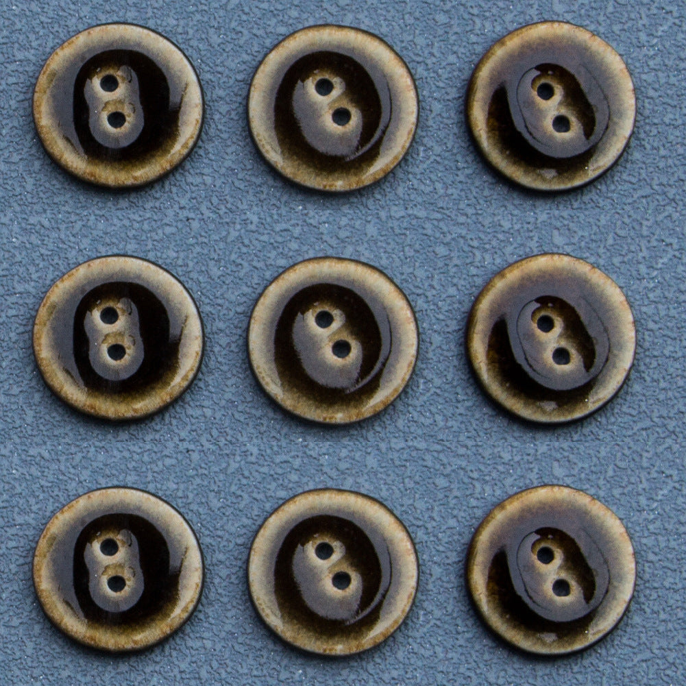Set of 6 round dark brown glazed ceramic buttons, two-hole design