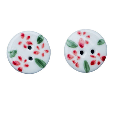 Handmade ceramic buttons, white with red floral pattern and green leaves, 2-hole round