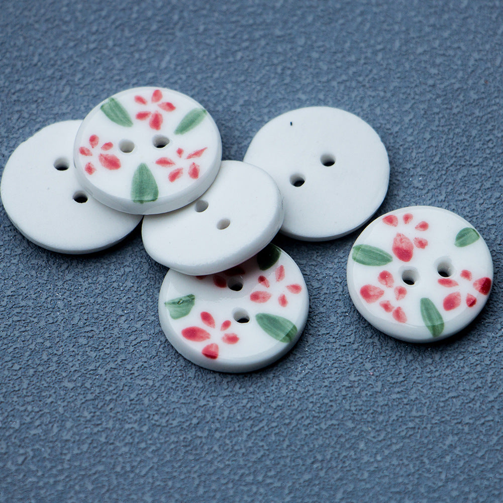 Set of round ceramic buttons, white with red flowers and green leaves, 2-hole, 6 pcs