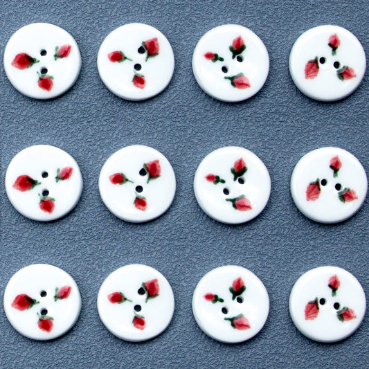 Round 2-Hole Ceramic Buttons with Hand-Painted Three Little Strawberries Pattern 6PCS