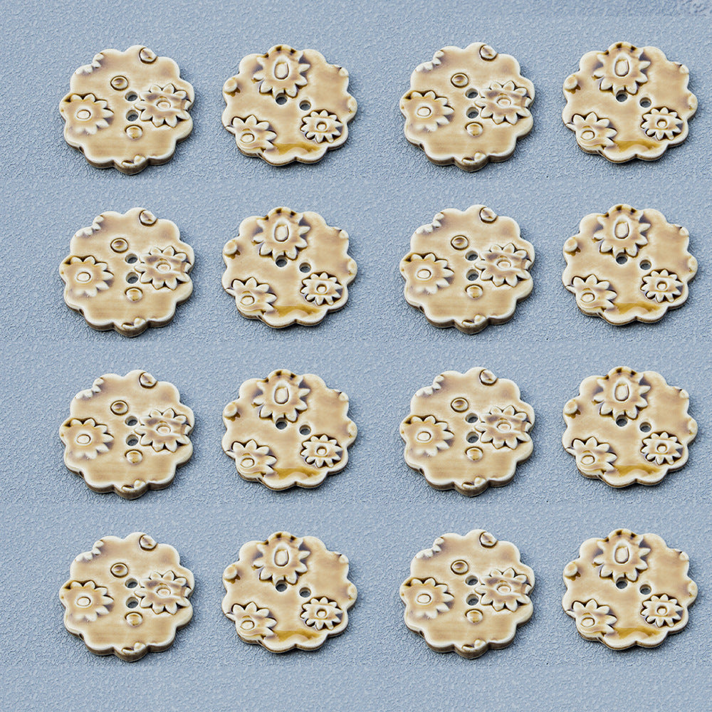 Tawny floral ceramic round buttons, two-hole design, arranged set