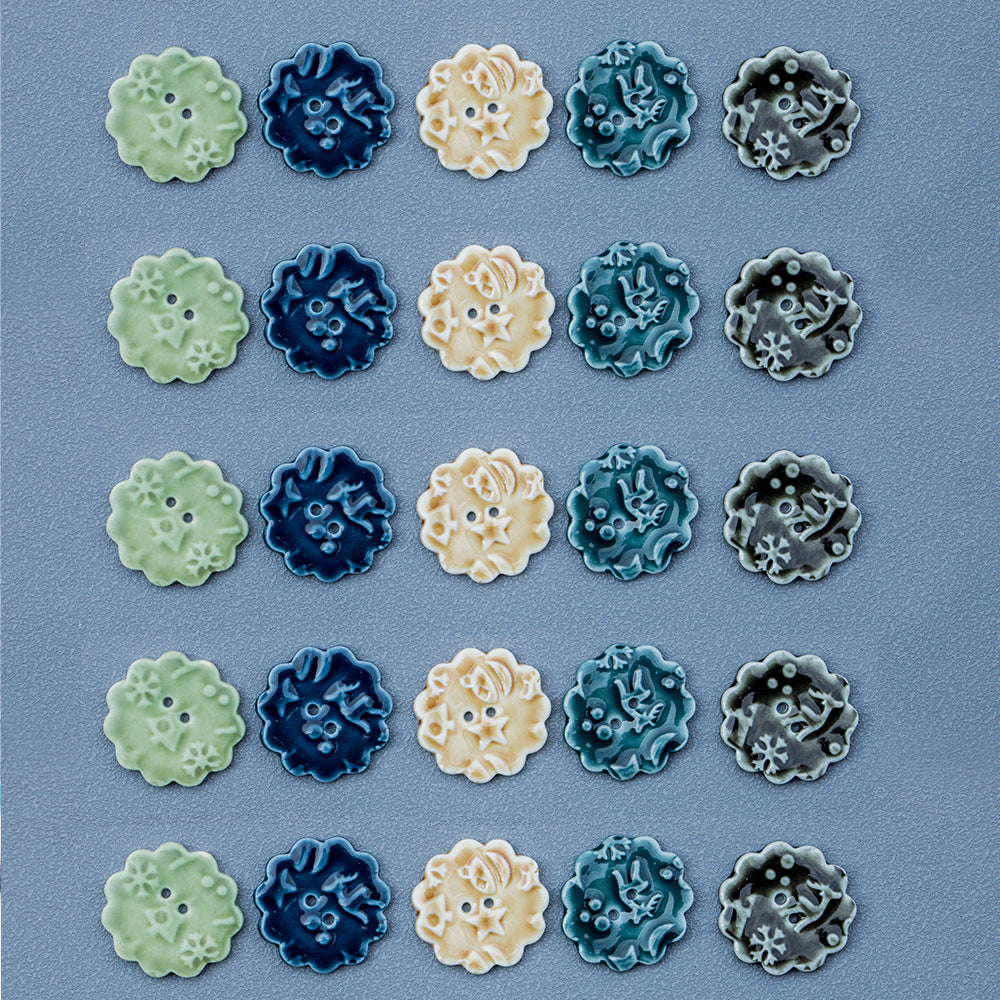 Round ceramic 2-hole buttons with snowflake elk motif, mixed colors, 6-pack