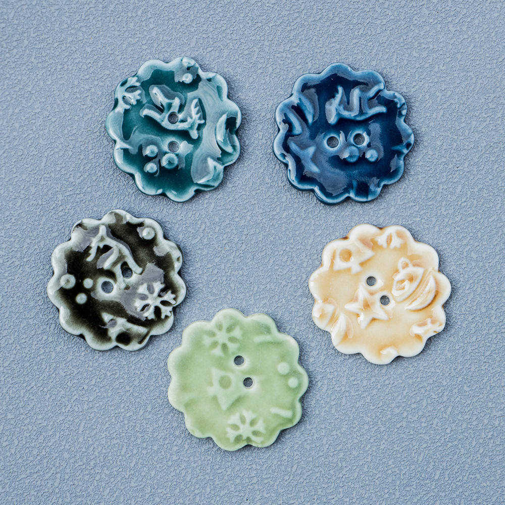 Ceramic 2-hole buttons with snowflake elk motif in turquoise, navy, gray, cream, green