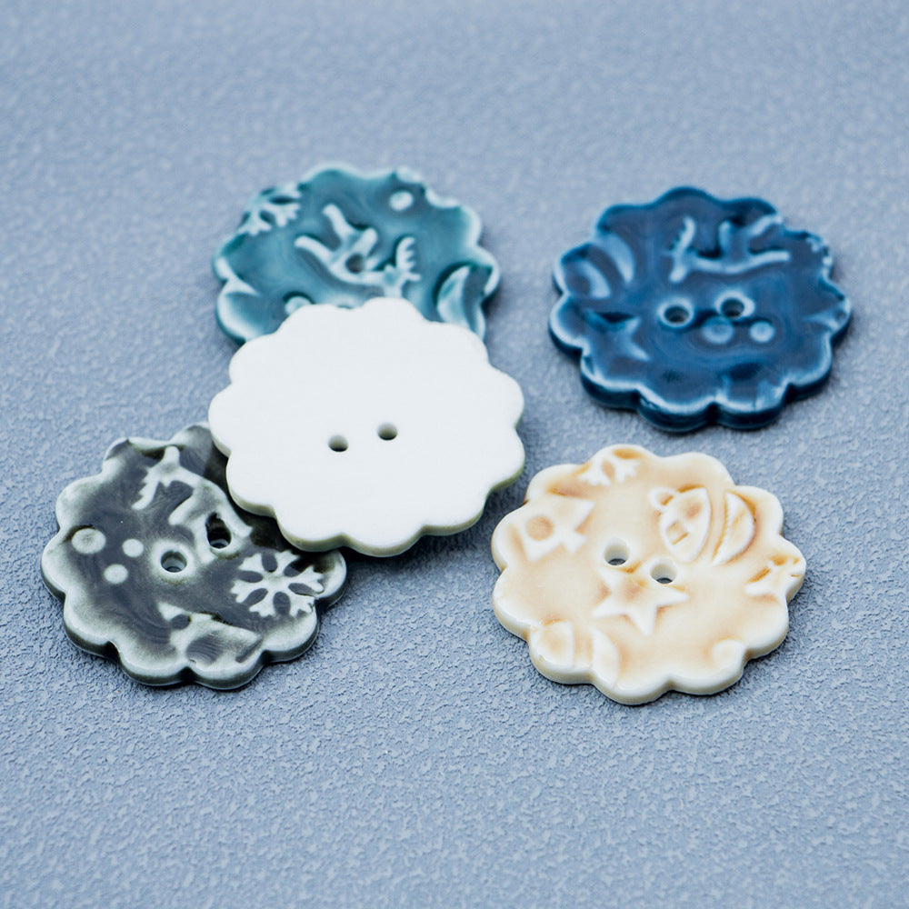 Ceramic 2-hole buttons with snowflake elk motif in white, blue, gray, cream colors