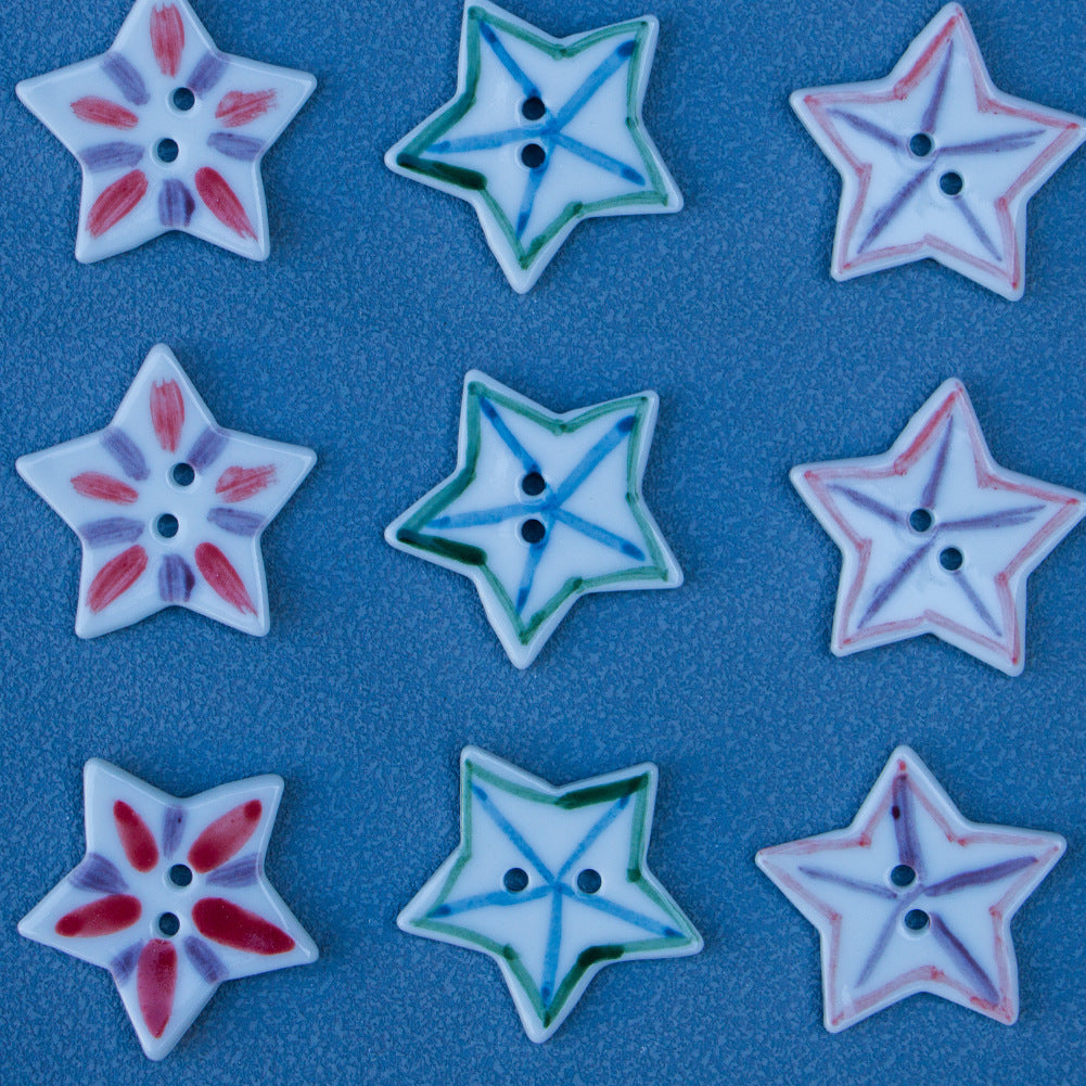 Star ceramic buttons (6pc), white with red/purple matchstick pattern, 2 holes