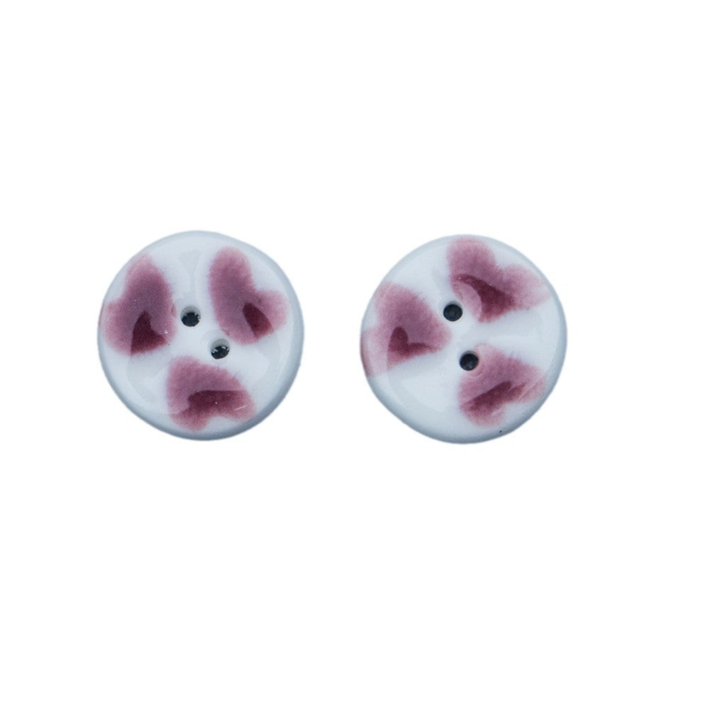 Round ceramic buttons, two-hole design, hand-painted purple hearts on white