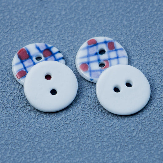 17.5mm Round 2 Hole Hand-Painted Blue Plaid Ceramic Buttons 6PCS