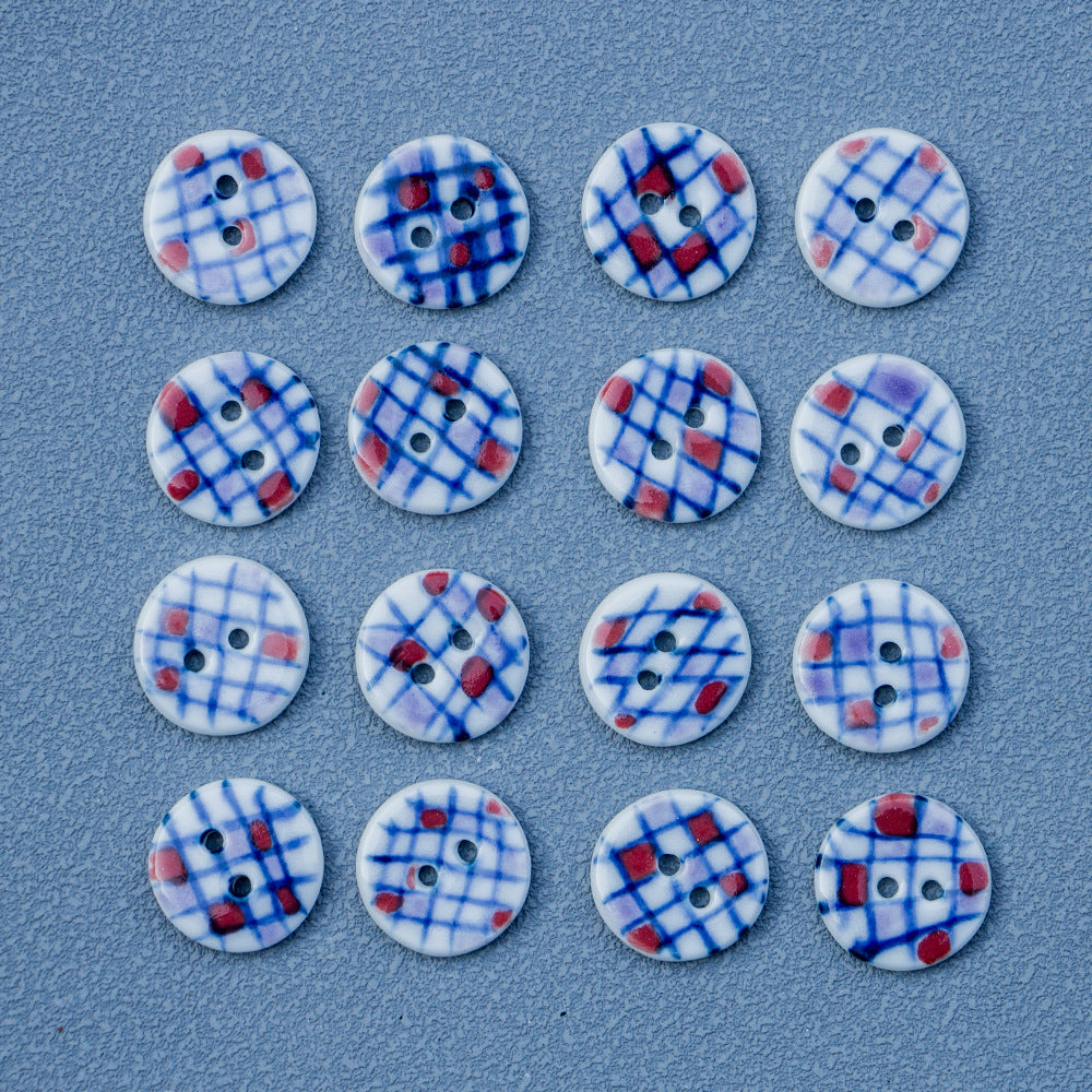 Blue plaid ceramic 2-hole buttons with red accents, round painted pattern (multiple shown)