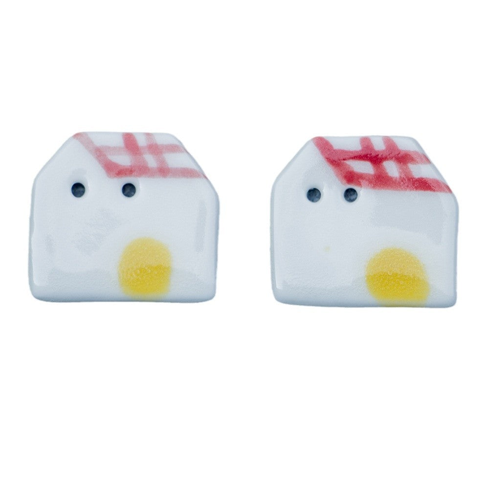 Handmade ceramic house button, red tiled roof, yellow dot, two-hole front