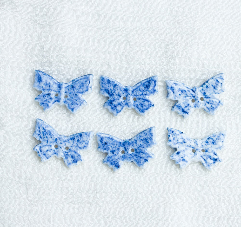 6 handmade 2-hole ceramic butterfly buttons, blue & white speckled